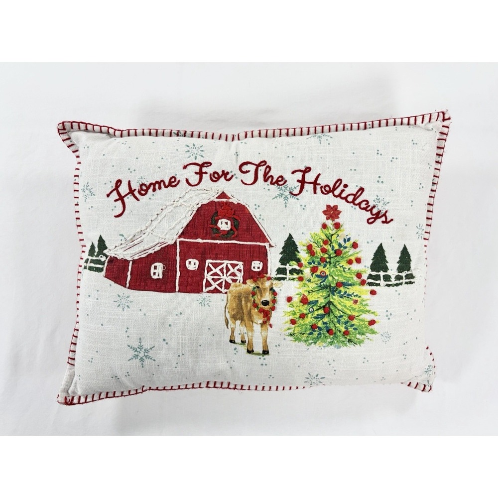 Pioneer Woman Home For The Holidays Christmas Pillow Embroidered Barn Cow‎ Tree⁠